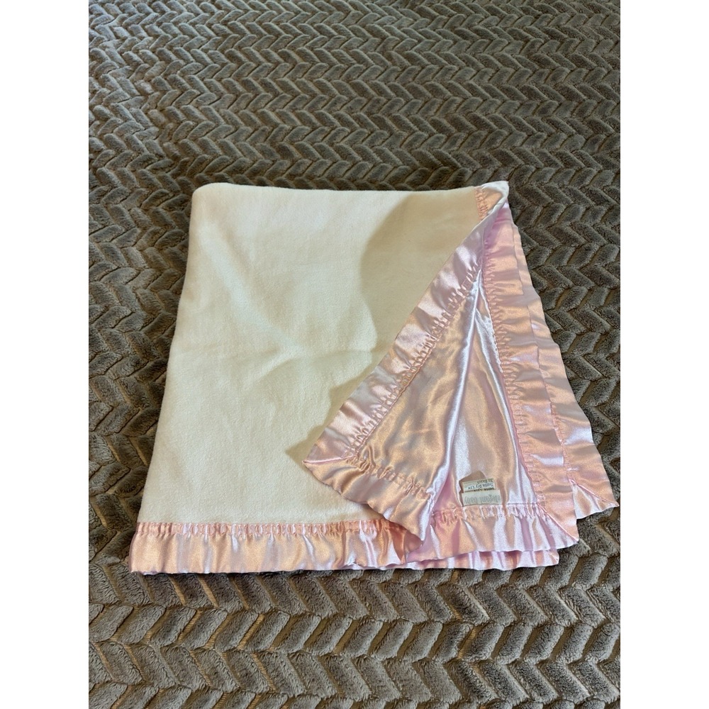 Elegant Baby White Pink Baby Blanket Cotton Blend Satin Back & Trim